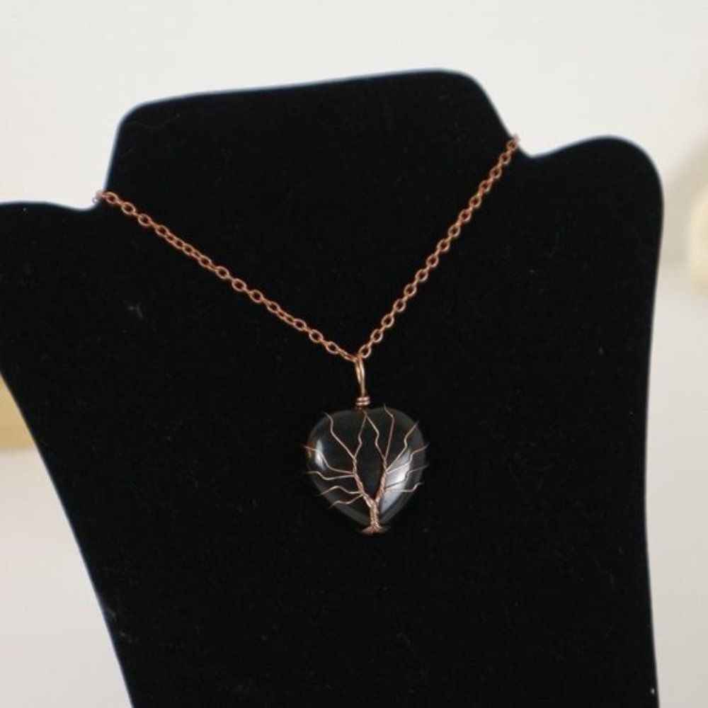Healing Crystal Jewelry Obsidian Heart-Shaped Wire-Wrapped Pendant Necklace 12”